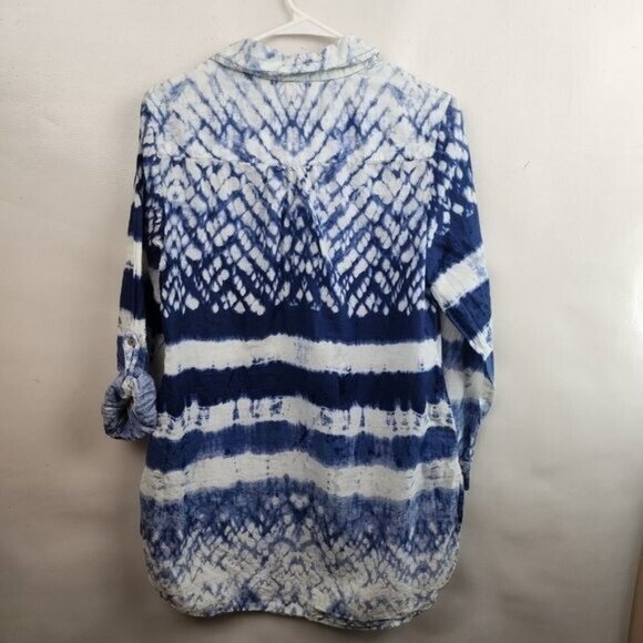 Beaches & BOHO Womens Tunic Top Medium Blue White Tie Dye Coastal Resort Hippie - Picture 8 of 9